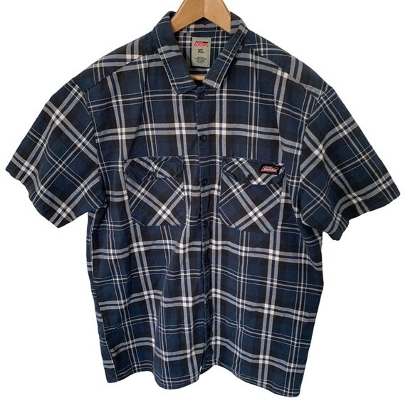 DICKIES Mens XL Blue Plaid Heavy Cotton Twill Utility Shirt Short Sleeve Pockets - Picture 5 of 5